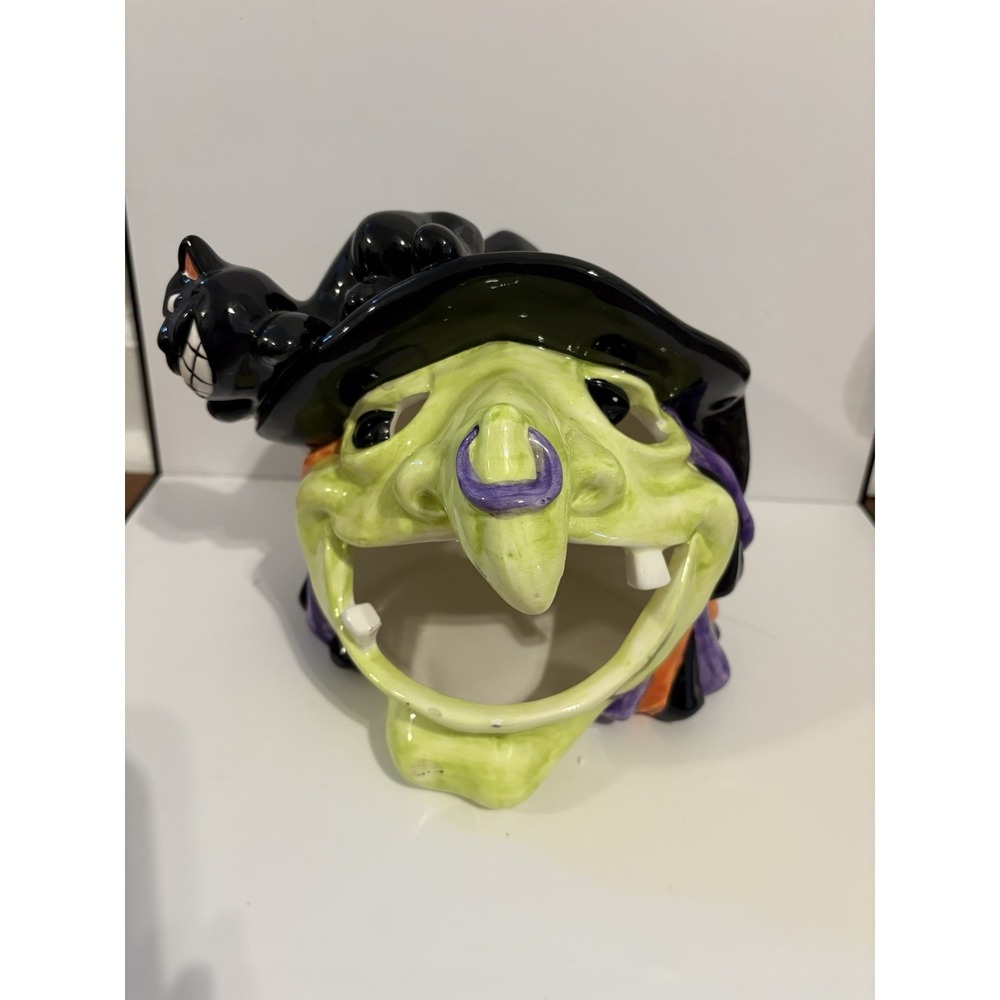 Halloween Witch Head Candy Dish Ceramic Black Cat 9" Tall 2003